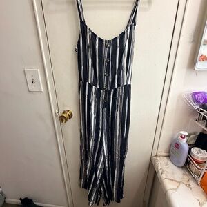 Striped Button-Down Ankle Length Pants Romper